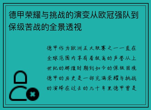 德甲荣耀与挑战的演变从欧冠强队到保级苦战的全景透视