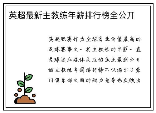 英超最新主教练年薪排行榜全公开