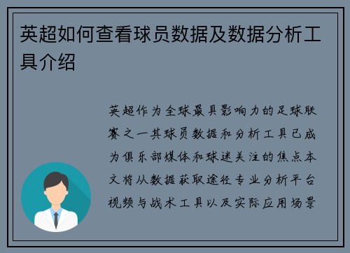 英超如何查看球员数据及数据分析工具介绍